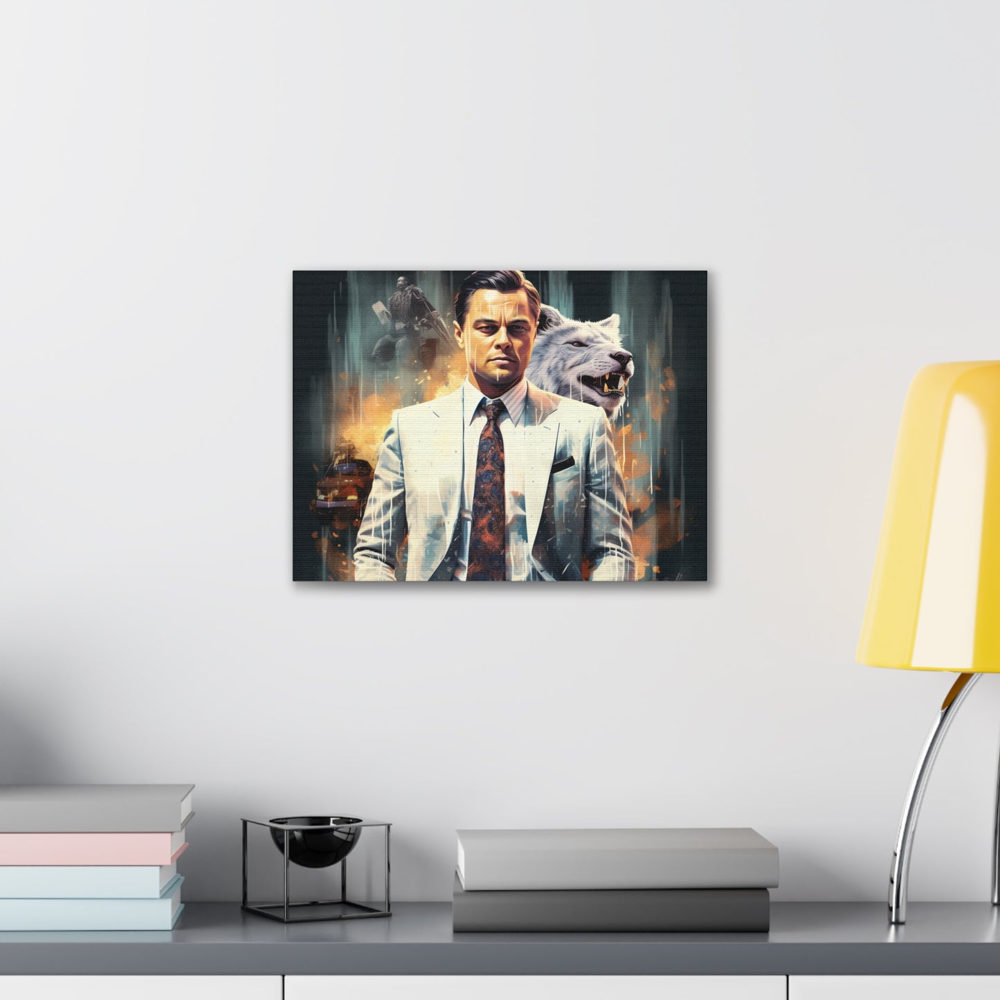 Canvas The Wolf of Wall Street with wolf behind